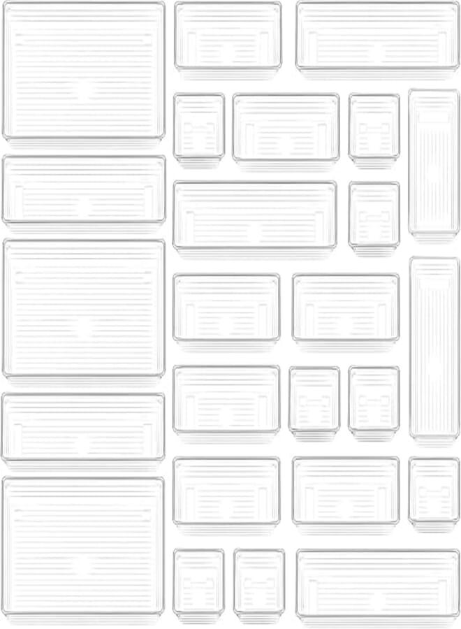 DCA 25 PCS Clear Plastic Drawer Organizer Tray, Bathroom Organizers and Storage Bins for Makeup, Kitchen Utensils, Jewelries, Gadgets, Office Desk